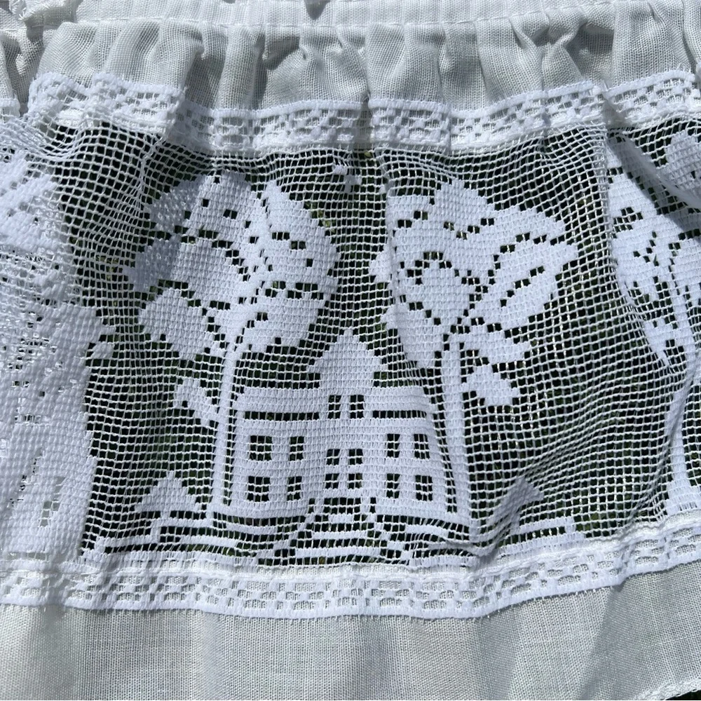 Vintage Embroidered Lace Ruffled Window Valance Farmhouse Prairie Cat White GUC